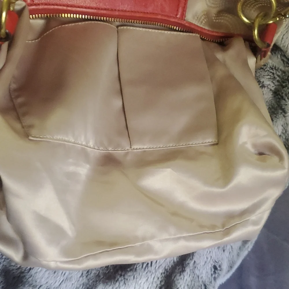 Coach Ashley Dotted Op Convertible Tan Red Bag Signature C Detail Sze 14.5 X 9.5